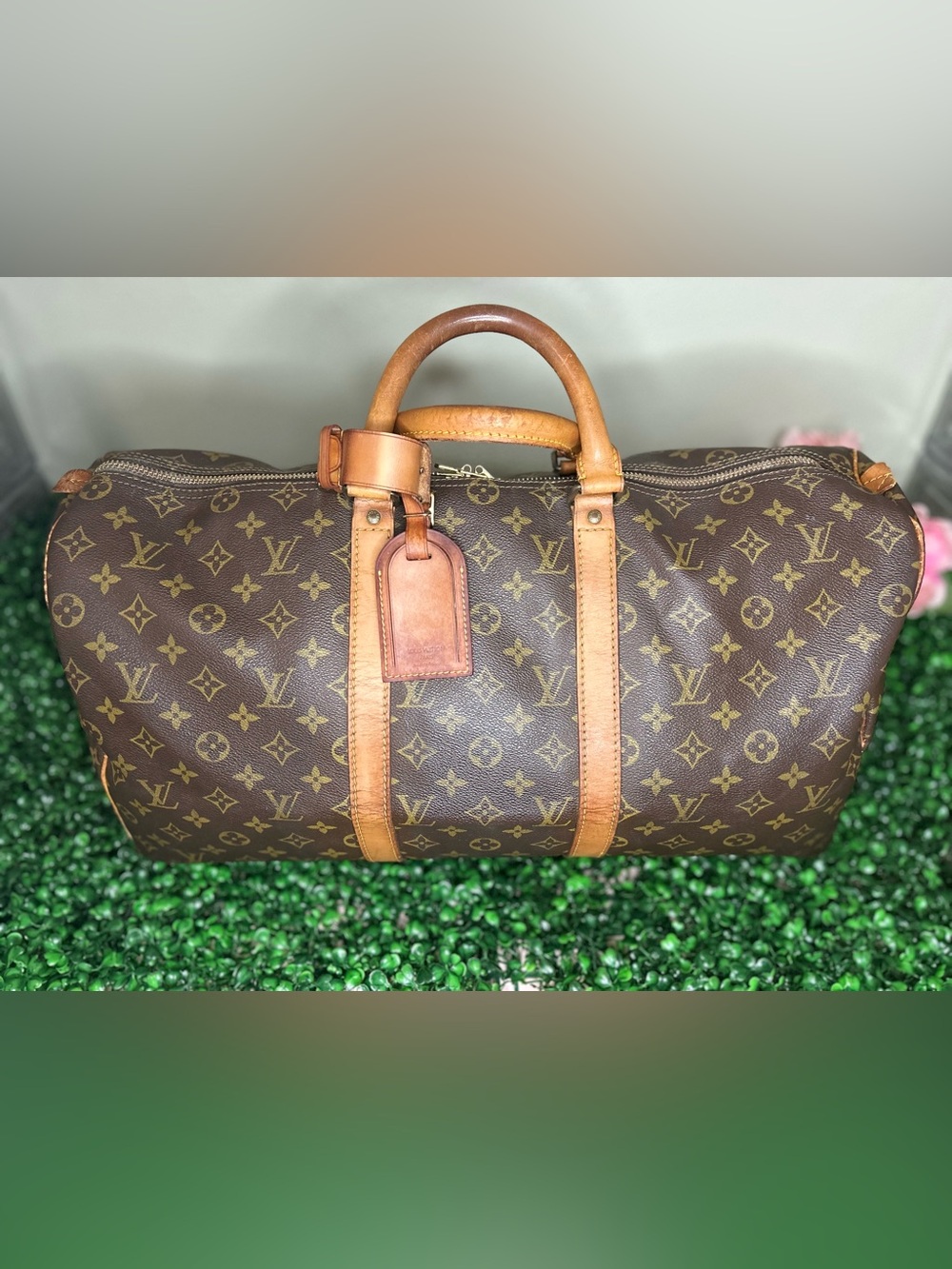 Louis Vuitton Keepall 50 Monogram Travel Bag w/ Luggage Tag, Handle Band & Strap